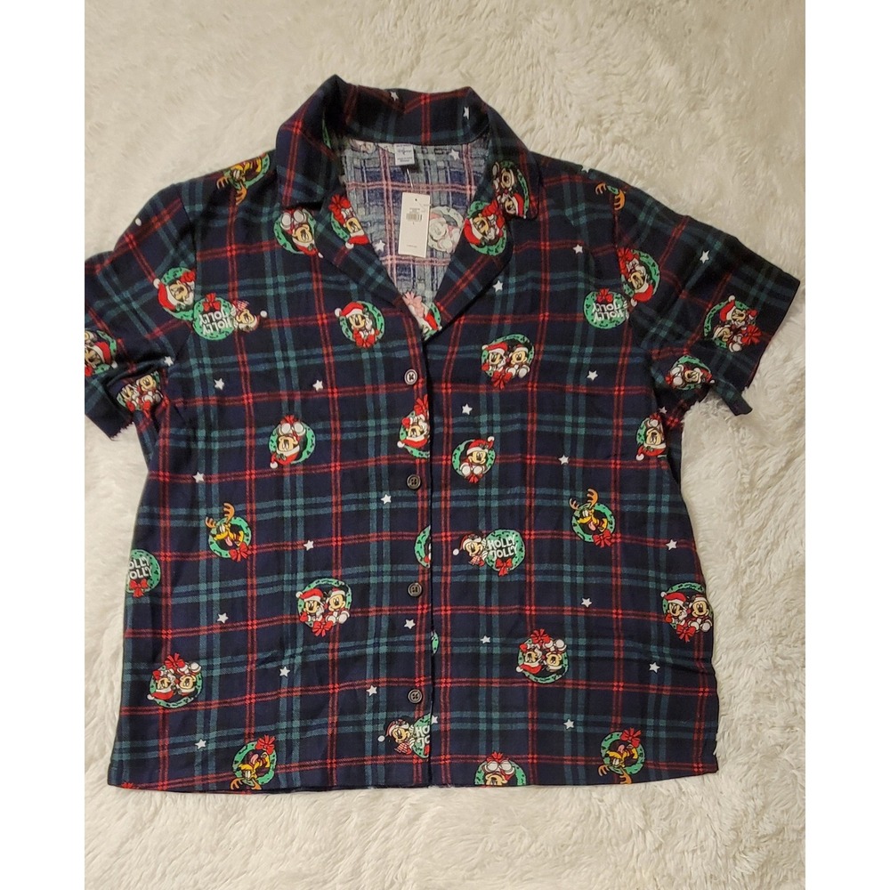 Old Navy Disney Mickey Mouse Plaid Christmas Pajama Top Women Large New